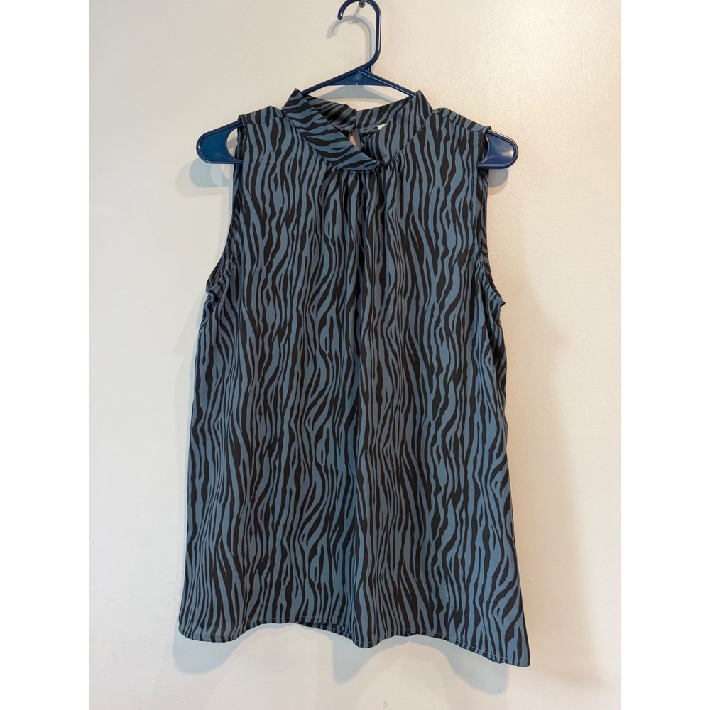 LOFT Outlet Womens‎ Blue Black Zebra Print Mock Neck Sleeveless Blouse Top M